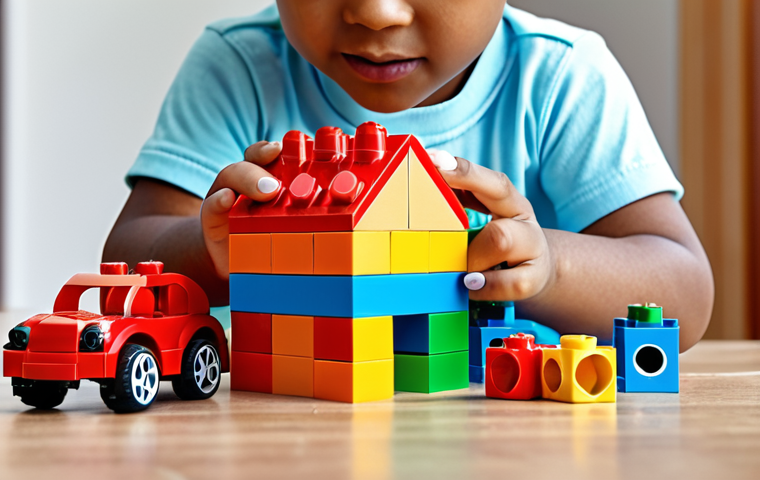 A child playing with LEGO Duplo blocks, focusing on developing fine motor skills, learning colors and shapes, and building simple structures like a house or car.