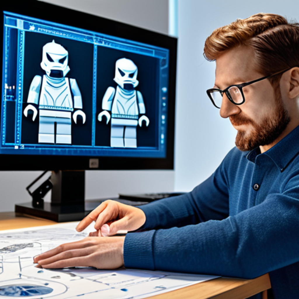 A professional designer meticulously shaping a highly detailed Lego character, inspired by a popular video game, on a workbench in a clean, modern design studio. Digital screens in the background display vibrant character concepts and blueprints. The designer is wearing professional, modest attire, fully clothed. The image features perfect anatomy, correct proportions, well-formed hands, natural pose, proper finger count, and natural body proportions. High-quality professional photography, safe for work, appropriate content.