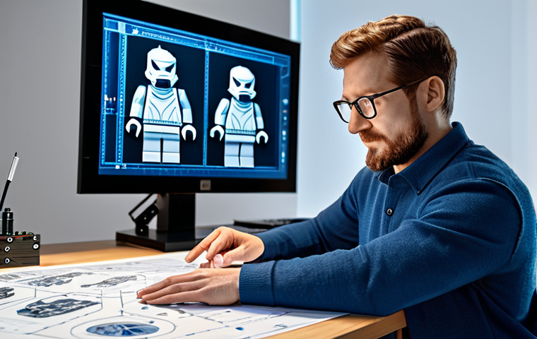 A professional designer meticulously shaping a highly detailed Lego character, inspired by a popular video game, on a workbench in a clean, modern design studio. Digital screens in the background display vibrant character concepts and blueprints. The designer is wearing professional, modest attire, fully clothed. The image features perfect anatomy, correct proportions, well-formed hands, natural pose, proper finger count, and natural body proportions. High-quality professional photography, safe for work, appropriate content.