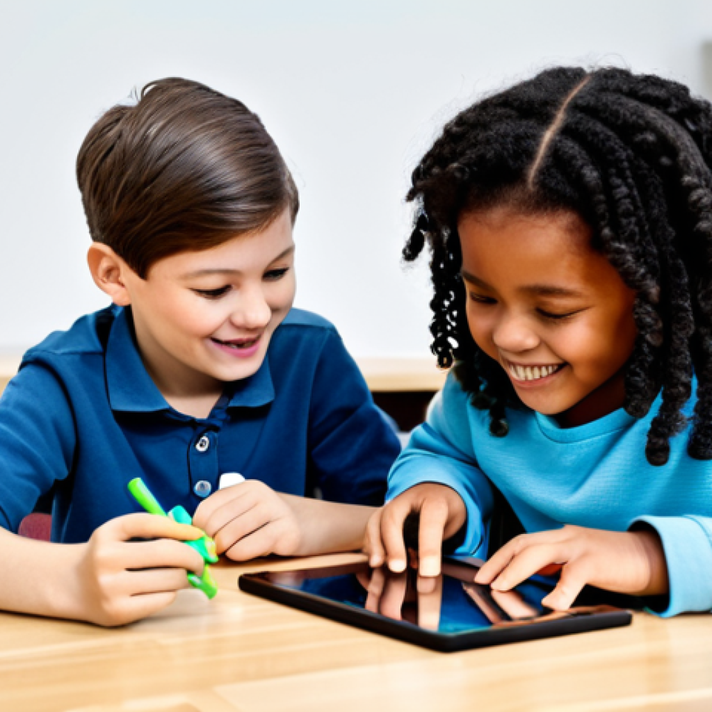 A group of diverse children in fully clothed, modest clothing, actively engaged with modern LEGO sets. One child is interacting with a tablet displaying an Augmented Reality (AR) LEGO experience, while another is programming a small LEGO Boost robot. The background is a brightly lit, clean educational workshop. The scene emphasizes joyful learning and technological integration. Perfect anatomy, correct proportions, natural pose, well-formed hands, proper finger count, natural body proportions, professional photography, high quality, safe for work, appropriate content, fully clothed, family-friendly.