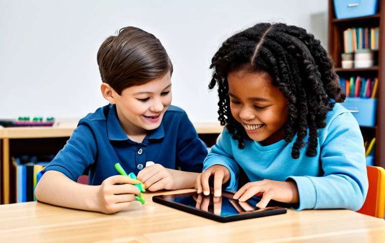 A group of diverse children in fully clothed, modest clothing, actively engaged with modern LEGO sets. One child is interacting with a tablet displaying an Augmented Reality (AR) LEGO experience, while another is programming a small LEGO Boost robot. The background is a brightly lit, clean educational workshop. The scene emphasizes joyful learning and technological integration. Perfect anatomy, correct proportions, natural pose, well-formed hands, proper finger count, natural body proportions, professional photography, high quality, safe for work, appropriate content, fully clothed, family-friendly.