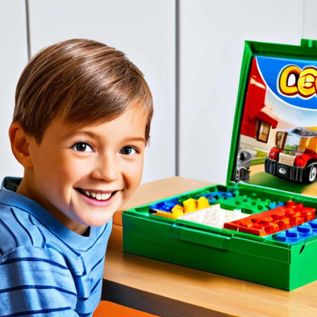 레고 DIY 키트의 구성 요소 - LEGO Unboxing**
A brightly lit photo of a child unboxing a new LEGO kit. The LEGO box shows an exci...