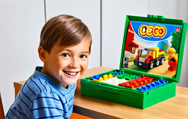 레고 DIY 키트의 구성 요소 - LEGO Unboxing**
A brightly lit photo of a child unboxing a new LEGO kit. The LEGO box shows an exci...