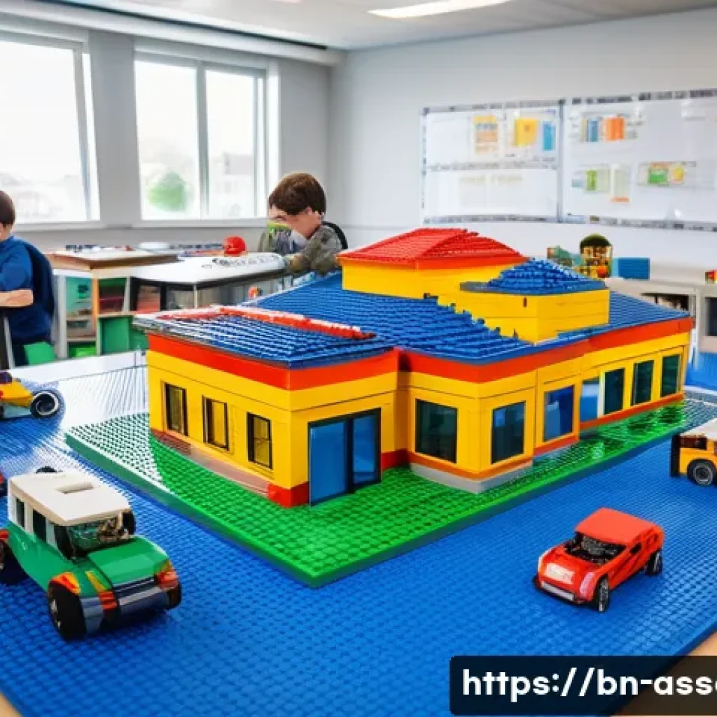레고로 학습한 나만의 창작 스토리 - A vibrant scene of children and teenagers collaborating on a large LEGO project in a bright, modern ...