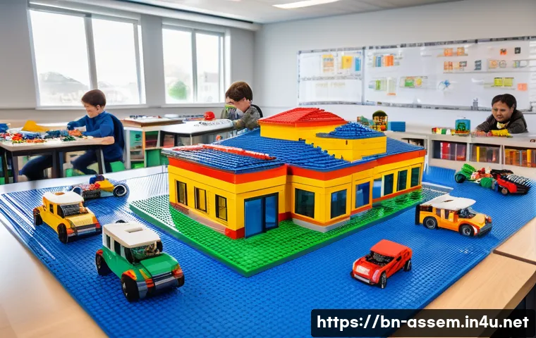 레고로 학습한 나만의 창작 스토리 - A vibrant scene of children and teenagers collaborating on a large LEGO project in a bright, modern ...