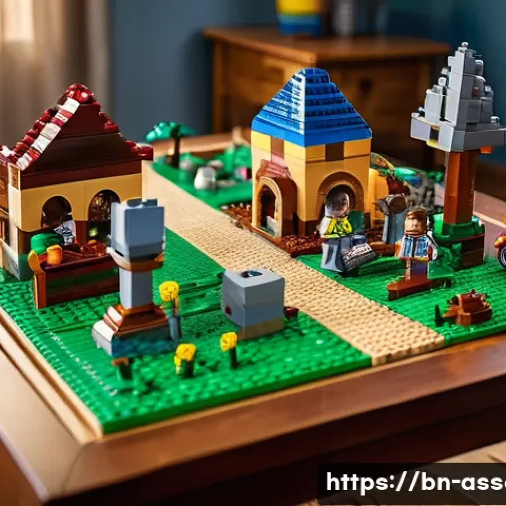 레고 마인크래프트 전투팩 - A vibrant and detailed scene of children playing with a diverse LEGO Minecraft set featuring various...