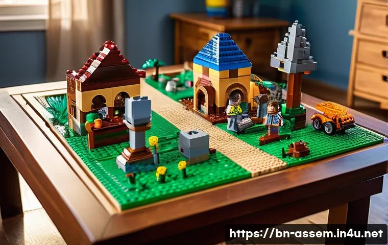 레고 마인크래프트 전투팩 - A vibrant and detailed scene of children playing with a diverse LEGO Minecraft set featuring various...
