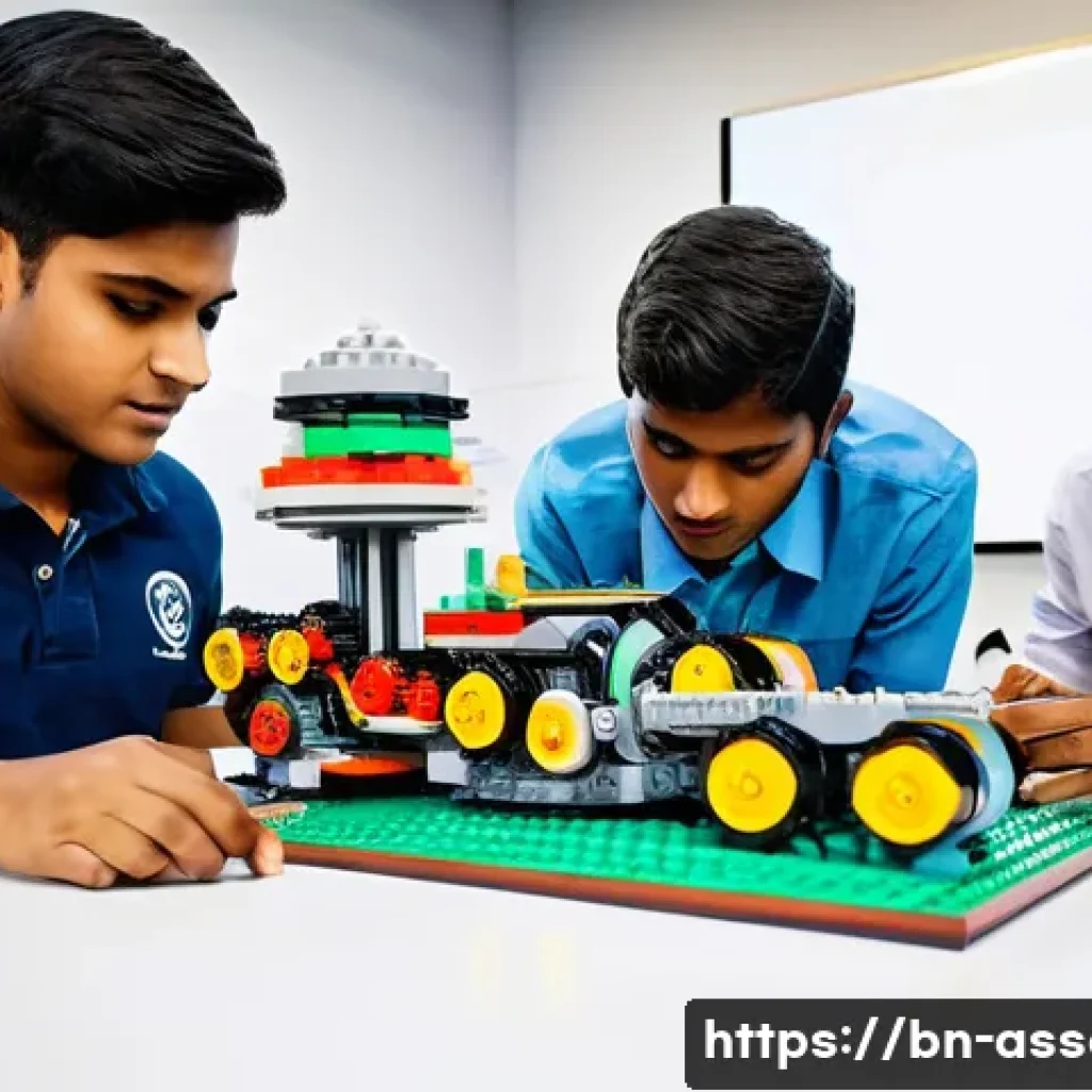 레고로 학습하는 산업 공정 - A detailed educational workshop scene featuring Bengali students collaboratively building a complex ...