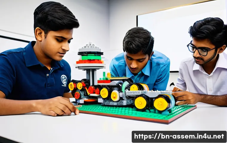 레고로 학습하는 산업 공정 - A detailed educational workshop scene featuring Bengali students collaboratively building a complex ...