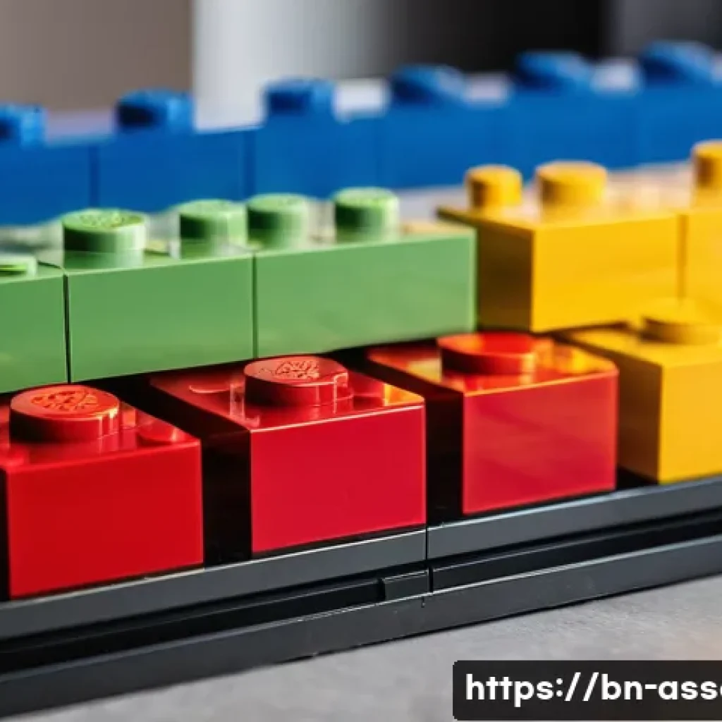 레고 브릭 무게의 과학 - A highly detailed close-up of various LEGO bricks of different sizes and weights arranged on a digit...