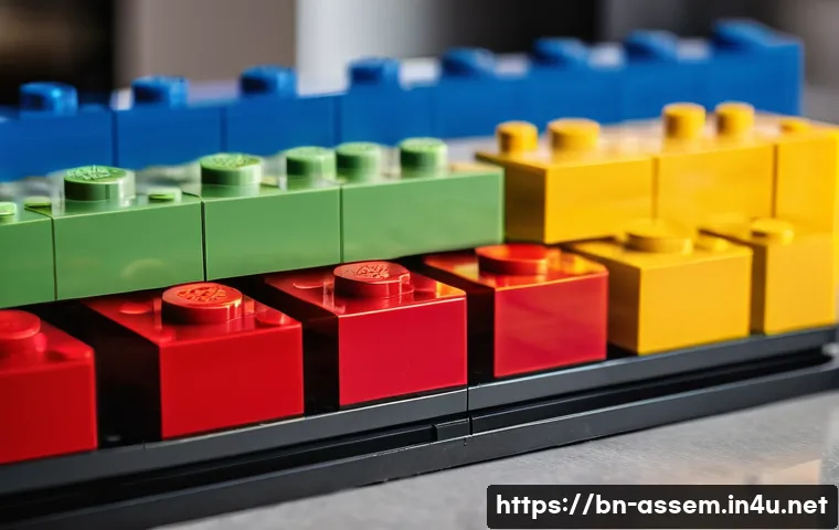 레고 브릭 무게의 과학 - A highly detailed close-up of various LEGO bricks of different sizes and weights arranged on a digit...