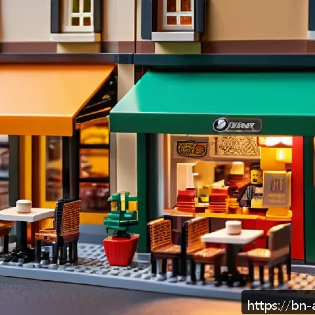 레고 창작 포럼에서의 인기작 - A highly detailed miniature café model crafted from traditional LEGO bricks, showcasing realistic ev...