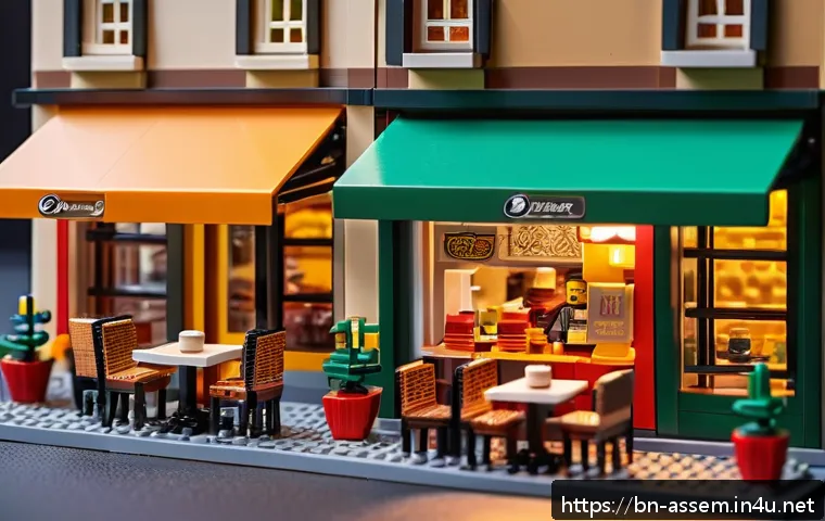 레고 창작 포럼에서의 인기작 - A highly detailed miniature caf&eacute; model crafted from traditional LEGO bricks, showcasing realistic ev...