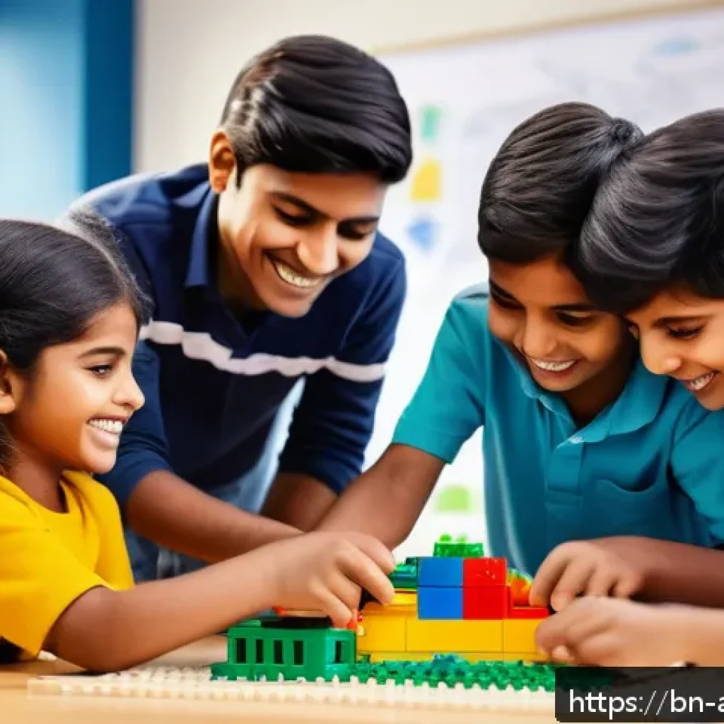 레고로 학습하는 예술과 디자인 - A vibrant classroom scene featuring a group of Bengali children collaboratively building a large LEG...