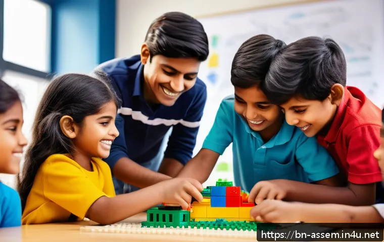레고로 학습하는 예술과 디자인 - A vibrant classroom scene featuring a group of Bengali children collaboratively building a large LEG...