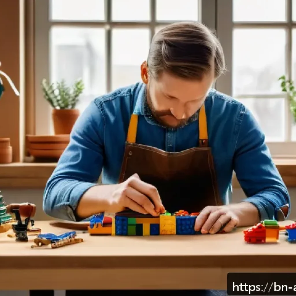 레고 브릭의 역사 - A detailed scene of a creative workspace inspired by Daniel Larsen&rsquo;s journey, showing hands assembli...