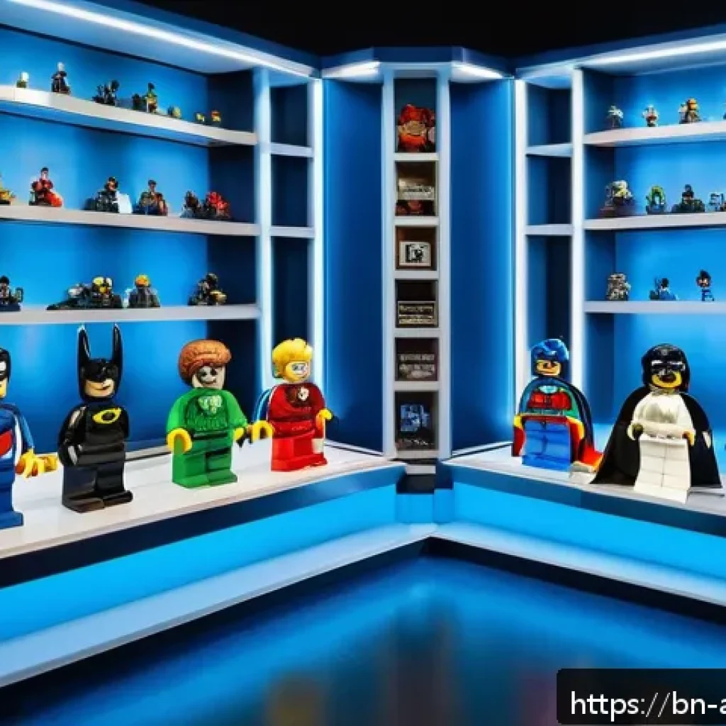 레고 피규어 컬렉션의 정리법 - A vibrant LEGO display featuring small groups of minifigures arranged by theme&mdash;superheroes, movie ch...