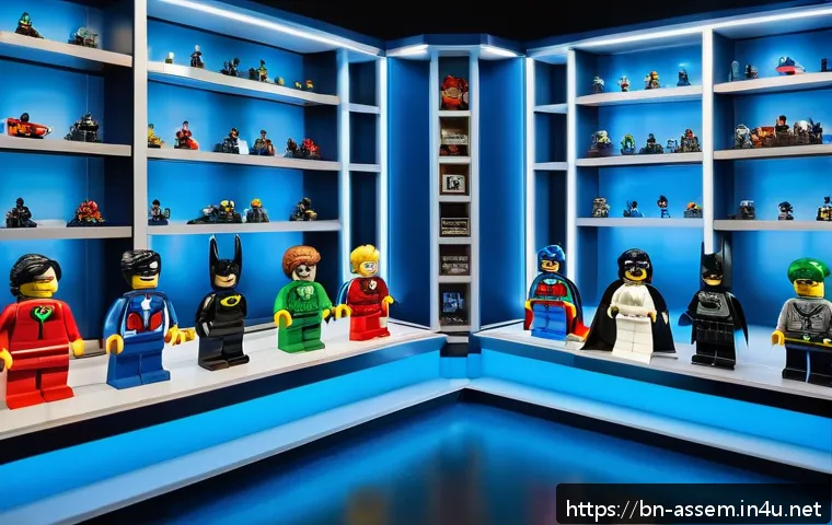 레고 피규어 컬렉션의 정리법 - A vibrant LEGO display featuring small groups of minifigures arranged by theme&mdash;superheroes, movie ch...