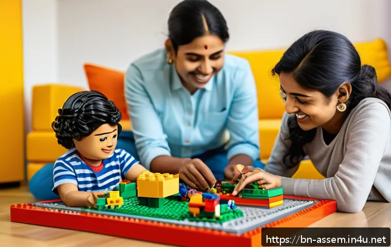 레고 관련 도서 추천 - A cozy family scene in a bright, colorful living room where a Bengali family&mdash;including a young child...