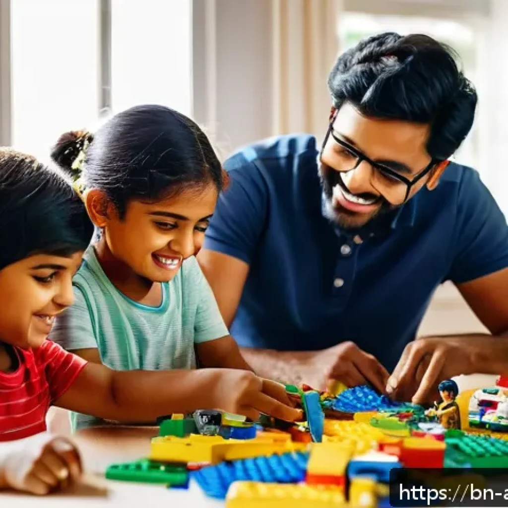 레고를 활용한 가족 활동 - A joyful Bengali family with members of different ages sitting around a tidy table, collaboratively ...