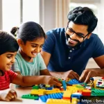 Home 22 레고를 활용한 가족 활동 - A joyful Bengali family with members of different ages sitting around a tidy table, collaboratively ...