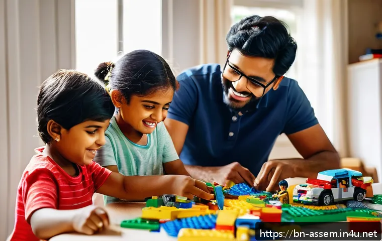 레고를 활용한 가족 활동 - A joyful Bengali family with members of different ages sitting around a tidy table, collaboratively ...
