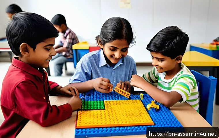 레고 조립으로 실험한 물리 실험 - A bright, cheerful classroom scene featuring Bengali children aged around 8-10 years old, wearing co...