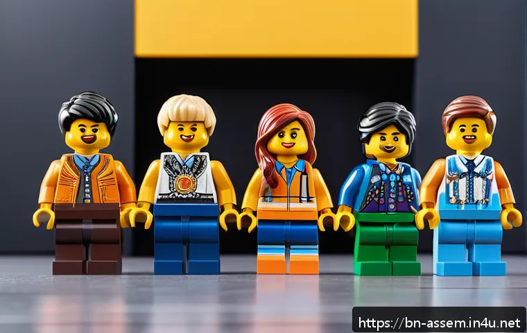 레고로 만든 캐릭터의 인기 비결 - A highly detailed modern LEGO character scene showing diverse minifigures with expressive faces, int...