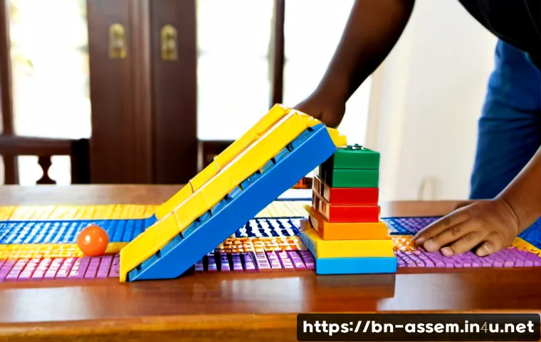 레고 조립으로 배우는 물리 법칙 - Photorealistic educational tabletop scene of a Bengali parent and child building a colorful interloc...