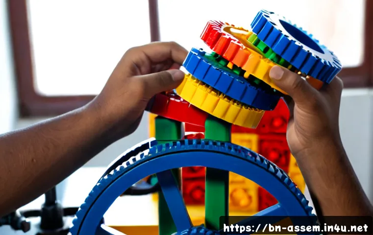 레고로 배운 기계 작동 원리 - Photorealistic close-up of a Bengali school student’s hands assembling colorful interlocking plastic...