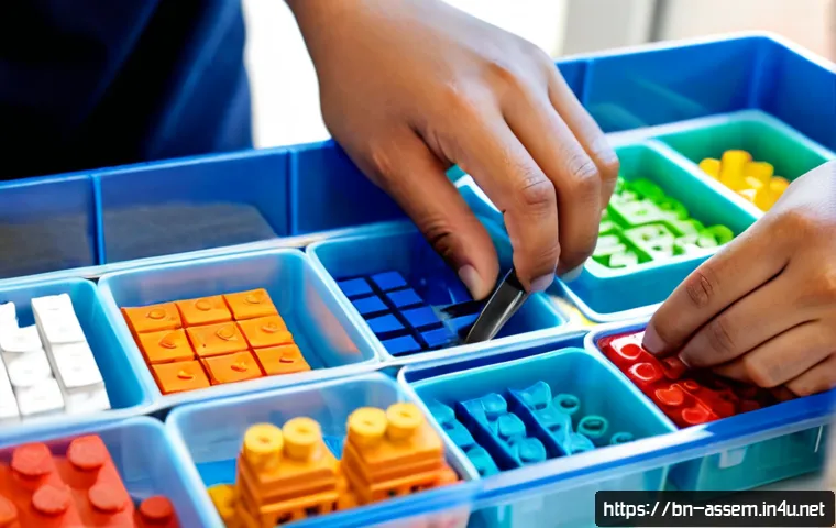 레고 브릭 개별 구매 방법 - Photorealistic close-up of organized colorful plastic building bricks sorted by shape and size in cl...