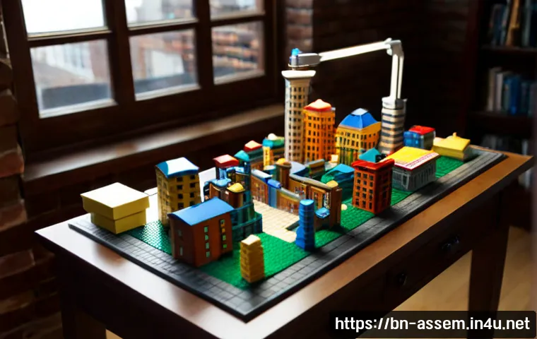 레고 마니아들을 위한 선물 추천 - Photorealistic gift guide scene for an adult building-brick enthusiast, elegant wooden desk with nea...